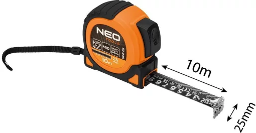 Рулетка Neo Tools Super Black, 10мx25мм, з фіксатором змотування, магніт