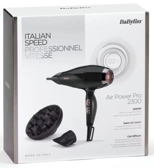 Фен Babyliss Air Power Pro, 2300Вт, 3 режими, дифузор, іоніз-я, хол. обдув, кераміка, чорно-рожевий