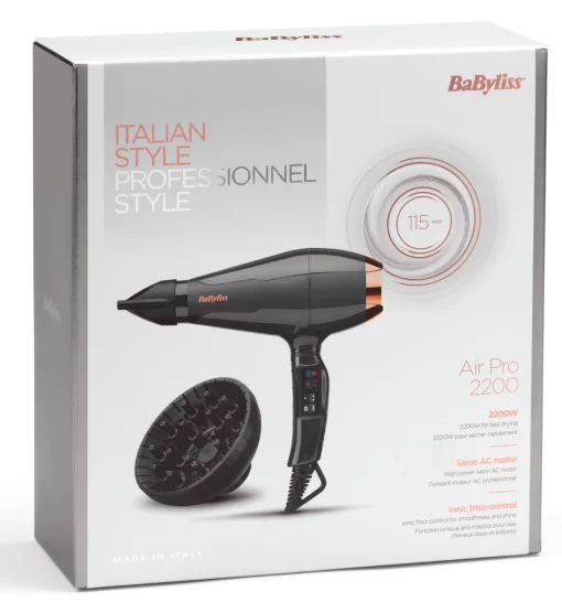 Фен Babyliss Air Pro, 2200Вт, 2 режими, дифузор, іоніз-я, хол. обдув, чорний