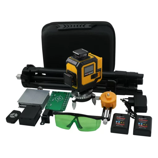 Лазерний рівень 16 ліній 4D (2xH360/2xV360, LCD-дисплей, пульт ДК + ШТАТИВ — зелений промінь) PROTESTER LL616G-TR