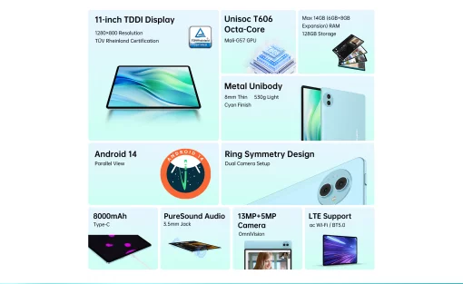 Планшет Teclast P50 11" 6ГБ, 128ГБ, LTE, 8000мА•год, Android, блакитний