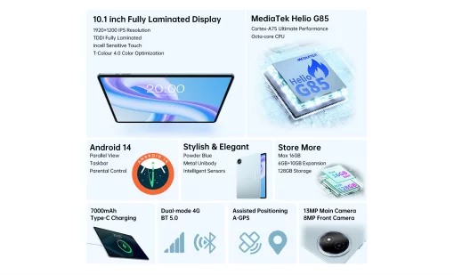 Планшет Teclast M50 Plus 10.1" 6ГБ, 128ГБ, LTE, 7000мА•год, Android, блакитний