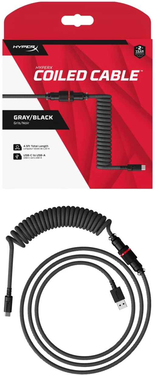Кабель заряджання/синхронізації HyperX USB-A > USB-C, спіральний, 1.37м, сіро-чорний