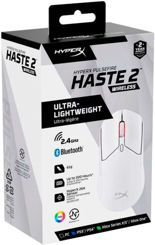Миша HyperX Pulsefire Haste 2, RGB, USB-A/WL/BT, білий