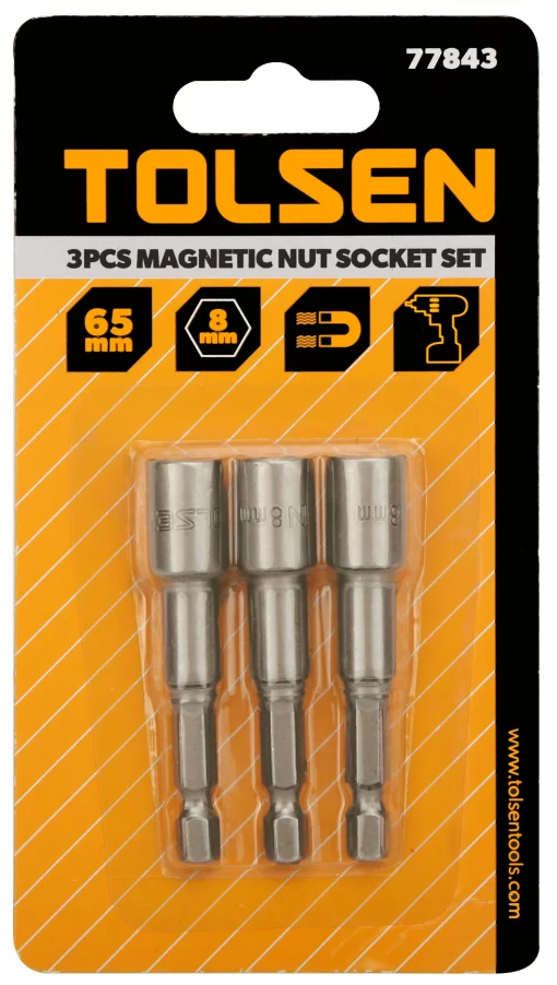 Головки торцеві Tolsen магнітні, 1/4"х65мм, 8мм, сталі 40Cr, набір 3шт
