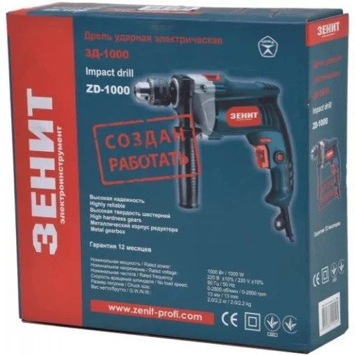 Дриль ударний Зеніт ЗД-1000 1000Вт зубчастий патрон 13мм 0-2800об/хв 1.9кг