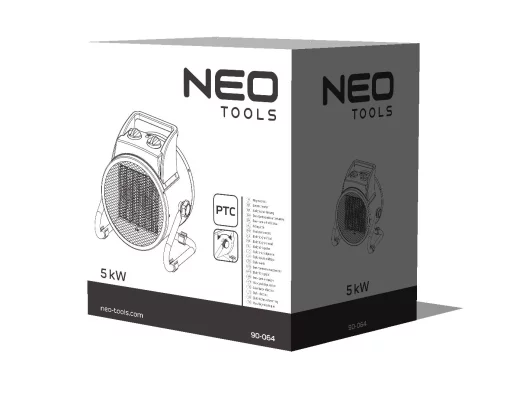 Теплова гармата електрична Neo Tools, 5кВт, 80м2, 588м3/год, 380В, керамічний нагрів. елемент (PTC), чорний, 4.22кг