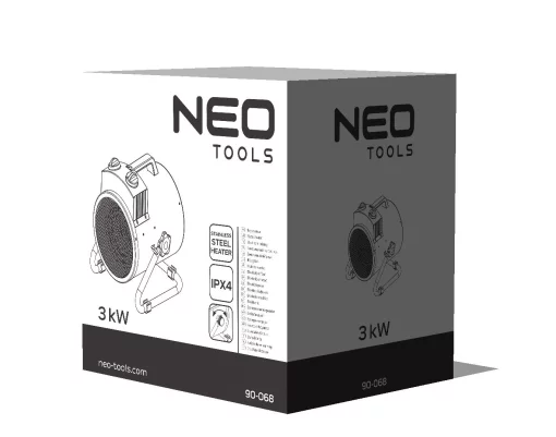 Теплова гармата електрична Neo Tools, 3кВт, 80м2, 354м3/год, нагрів. елемент - нерж. сталь, IPX4, чорний, 3.5кг