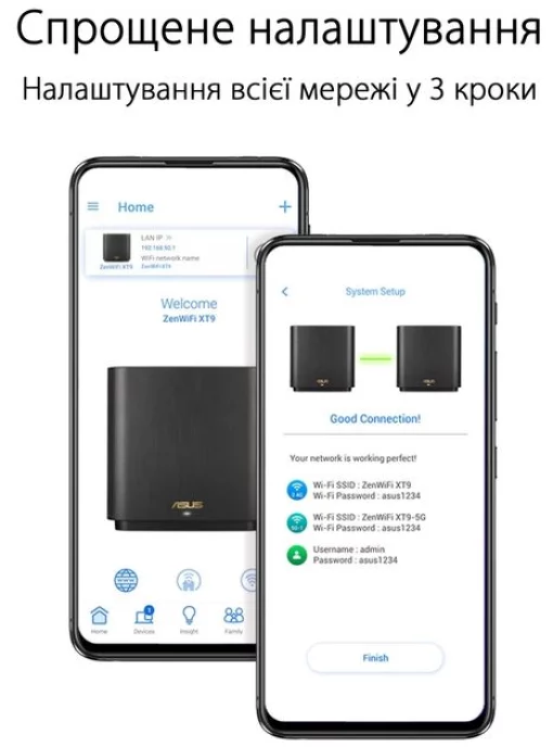 Система WiFi-Mesh ASUS ZenWiFi XT9 AX7800, 3xGE LAN, 1x2.5GE WAN, 1xUSB 3.2, 2 мод, чорний