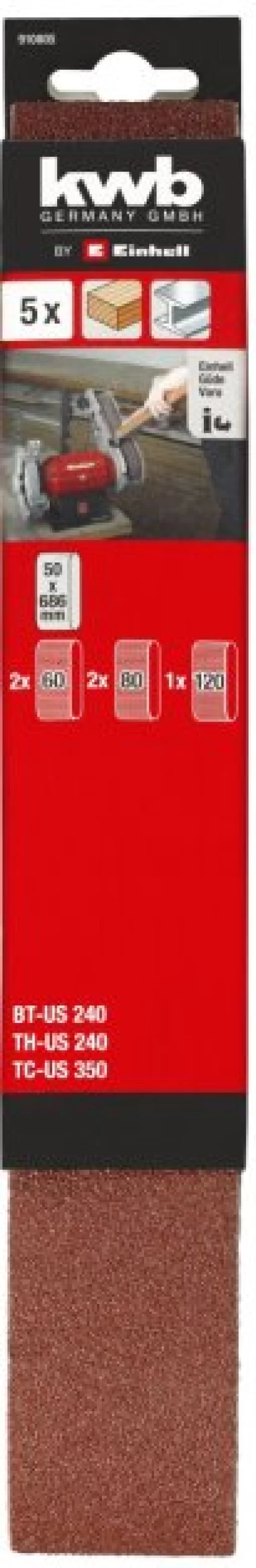 Стрічка шліфувальна Einhell KWB, 50х686мм, 2хК60, 2хК80, 1хК120, для точила Einhell US 240/350, 5шт