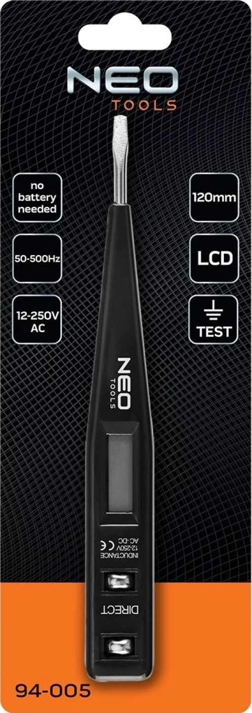 Детектор напруги Neo Tools, 12-250В, РК-дисплей, 0.014кг