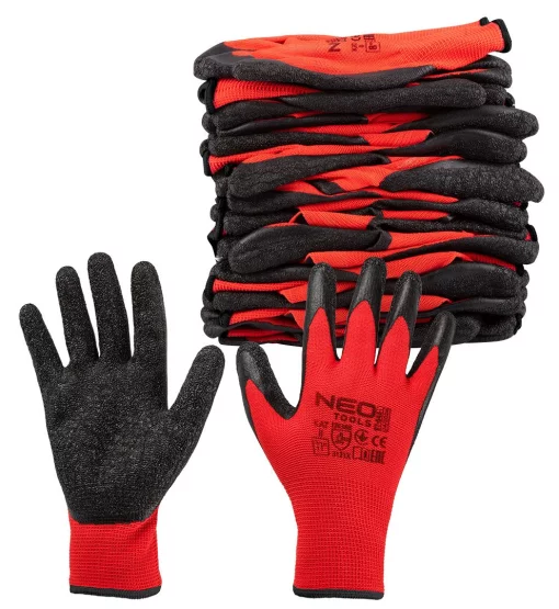 Рукавички робочі Neo Tools поліестер з латексним покриттям, р.11, червоно-чорний 12шт