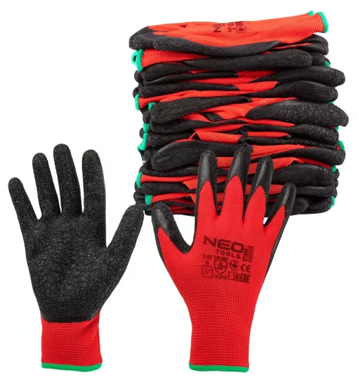 Рукавички робочі Neo Tools поліестер з латексним покриттям, р.8, червоно-чорний 12шт