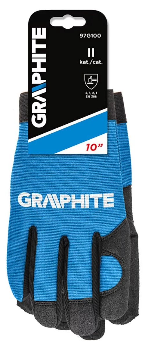 Рукавички робочі GRAPHITE, синтетична шкіра, фіксація зап'ястя, р.10/, чорно-блакитні