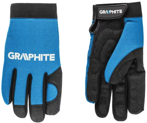 Рукавички робочі GRAPHITE, синтетична шкіра, фіксація зап'ястя, р.10/, чорно-блакитні