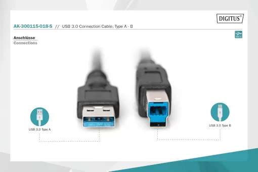 Кабель DIGITUS USB 3.0 (AM/BM) 1.8м, чорний