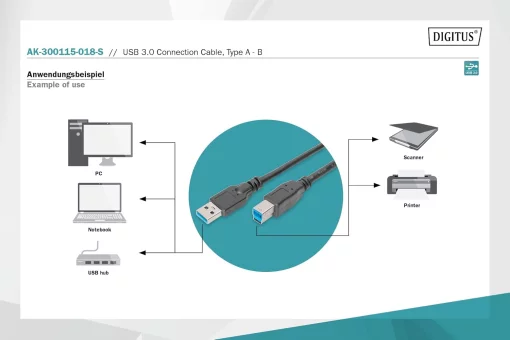 Кабель DIGITUS USB 3.0 (AM/BM) 1.8м, чорний