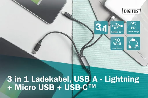 Кабель DIGITUS USB-A > Lightning/USB-С/micro USB, мультизарядний 3-в-1, заряджання/синхронізація 1м, чорний