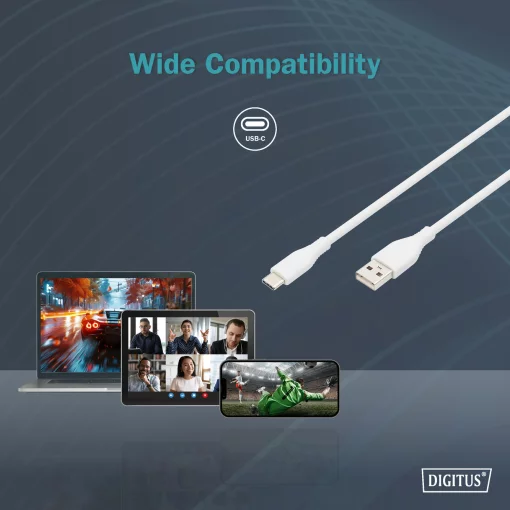 Кабель DIGITUS USB-A > USB-C заряджання/синхронізації, USB 2.0, 60W, силіконовий, 1м, білий