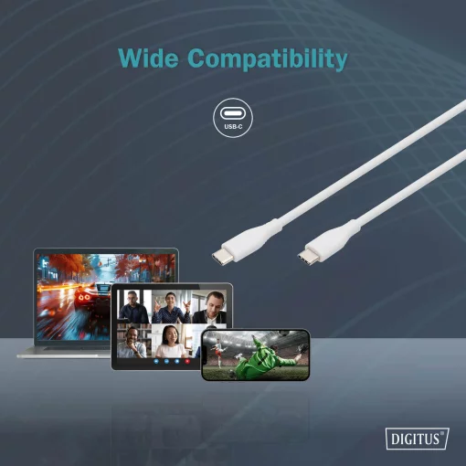 Кабель DIGITUS USB-C > USB-C заряджання/синхронізації, USB 2.0, 60W, силіконовий, 1м, білий