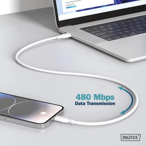 Кабель DIGITUS USB-C > USB-C заряджання/синхронізації, USB 2.0, 60W, силіконовий, 2м, білий