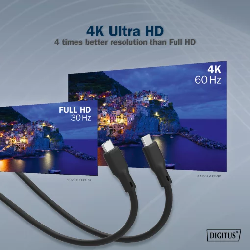 Кабель DIGITUS USB-C заряджання/синхронізації, USB 3.2 Gen 1, 5G, 100W, 4K, силіконовий, 2м, чорний