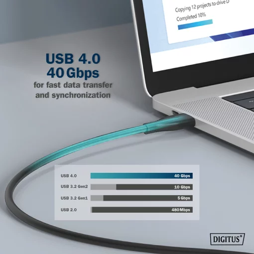 Кабель DIGITUS USB-C заряджання/синхронізації, USB 4.0 Gen 3, 40G, 240W, 8K, силіконовий, 1м, чорний