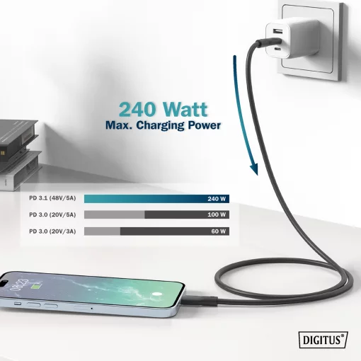 Кабель DIGITUS USB-C заряджання/синхронізації, USB 4.0 Gen 2, 20G, 240W, 8K, силіконовий, 2м, чорний