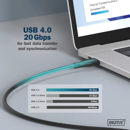 Кабель DIGITUS USB-C заряджання/синхронізації, USB 4.0 Gen 2, 20G, 240W, 8K, силіконовий, 2м, чорний