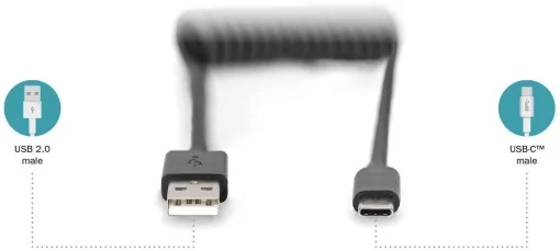 Кабель DIGITUS USB-C > USB-A заряджання/синхронізації, Type-C, спіральний, 1м, чорний