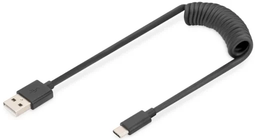 Кабель DIGITUS USB-C > USB-A заряджання/синхронізації, Type-C, спіральний, 1м, чорний
