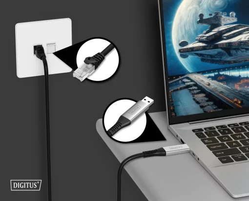 Кабель DIGITUS Ethernet USB-A - RJ45 CAT 6A S/FTP, 1 Gbit/s, 2m, LSZH