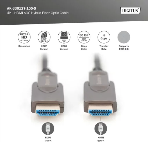 Кабель DIGITUS HDMI (M/M), 4K, AOC, 10м, чорний