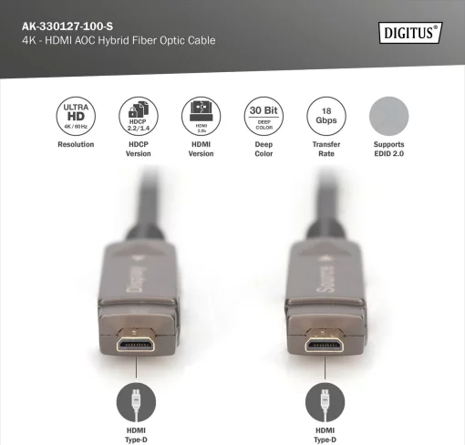 Кабель DIGITUS HDMI (M/M), 4K, AOC, 10м, чорний