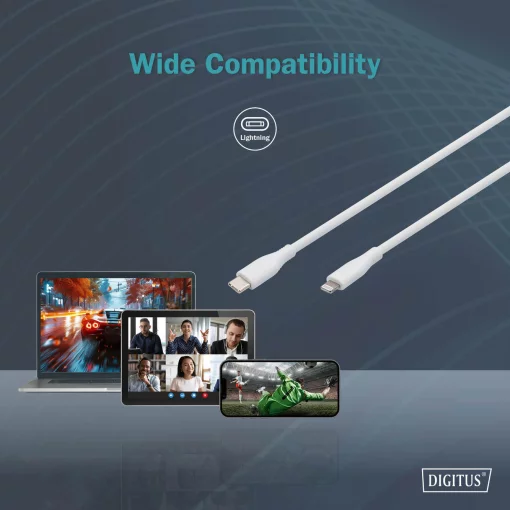 Кабель DIGITUS USB-C > Lightning заряджання/синхронізації, USB 2.0, 60W, силіконовий, 2м, білий