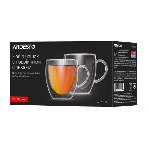 Набір чашок з ручками і подвійними стінками Ardesto, 180мл, 2шт, боросилікатне скло, прозорий