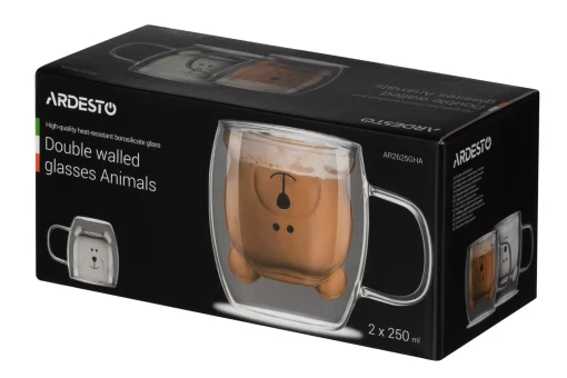 Набір чашок з ручками з подвійними стінками Ardesto Animals, 250мл, 2шт, боросилікатне скло, прозорий