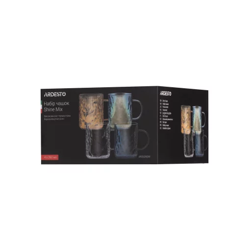 Набір чашок Ardesto Shine mix, 260мл, 4шт, боросилікатне скло, прозорий, золотистий, сірий, перламутровий