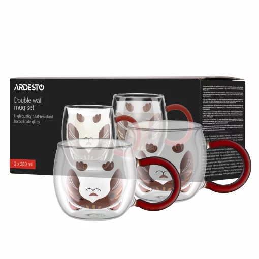 Набір чашок з подвійними стінками Ardesto Animals 280мл, 2шт, боросилікатне скло, прозорий