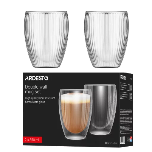 Набір чашок з подвійними стінками Ardesto 350мл, 2шт, боросилікатне скло, прозорий