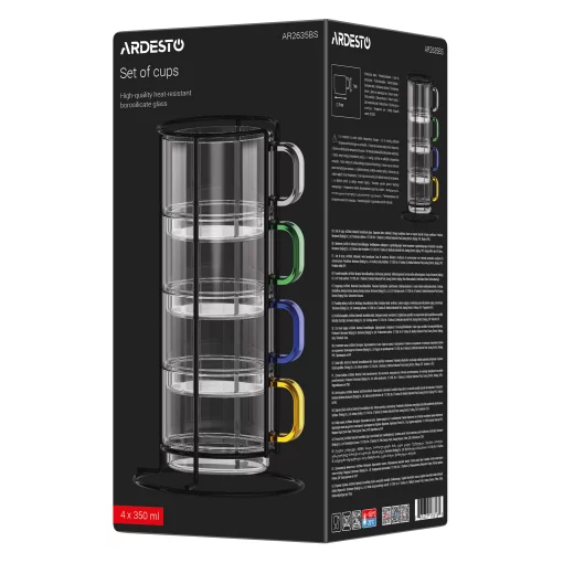 Набір чашок з підставкою Ardesto 350мл, 4шт, боросилікатне скло, прозорий