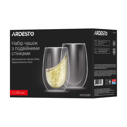 Набір чашок з подвійними стінками Ardesto, 350мл, 2шт, боросилікатне скло, прозорий
