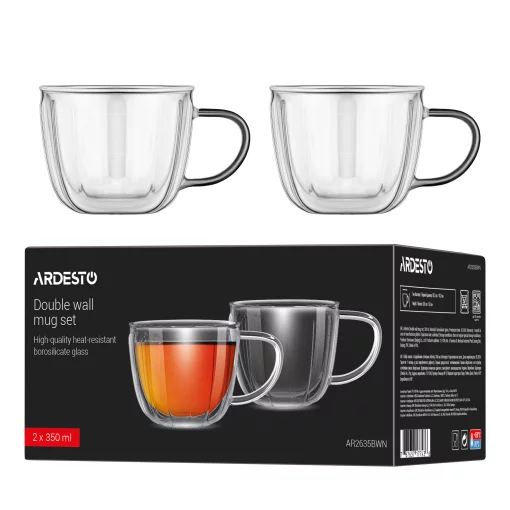 Набір чашок з ручками і подвійними стінками Ardesto 350мл, 2шт, боросилікатне скло, прозорий