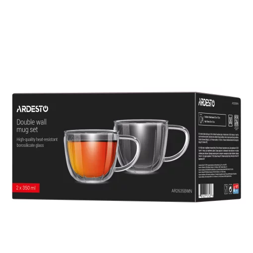 Набір чашок з ручками і подвійними стінками Ardesto 350мл, 2шт, боросилікатне скло, прозорий