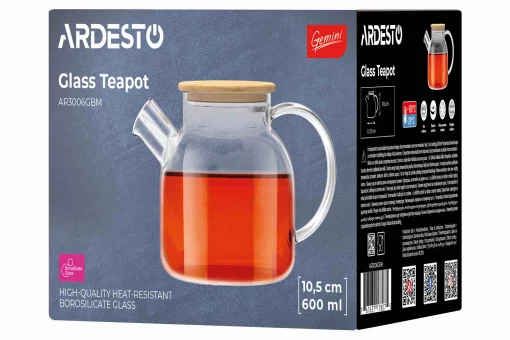 Заварник Ardesto Gemini 600мл, боросилікатне скло, бамбук, прозорий
