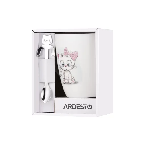 Чашка з ложкою Ardesto Cute, 320мл, порцеляна, нержавіюча сталь, білий