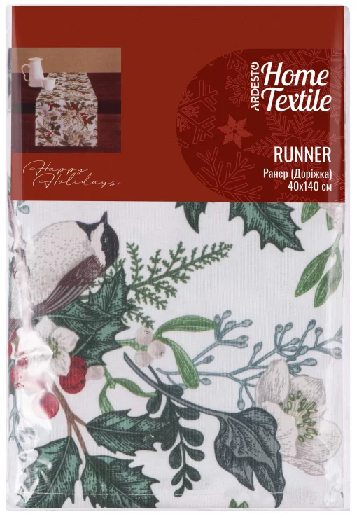 Ранер Ardesto Christmas Happy Holidays, 40х140см, 90% поліестер, 10% бавовна, зелений гостролист