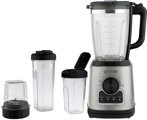 Блендер Gorenje стаціонарний 1400Вт, чаша-1750мл, додаткові ємкості, кавомолка, кришення льоду, приготування супу, імпульсний режим, метал