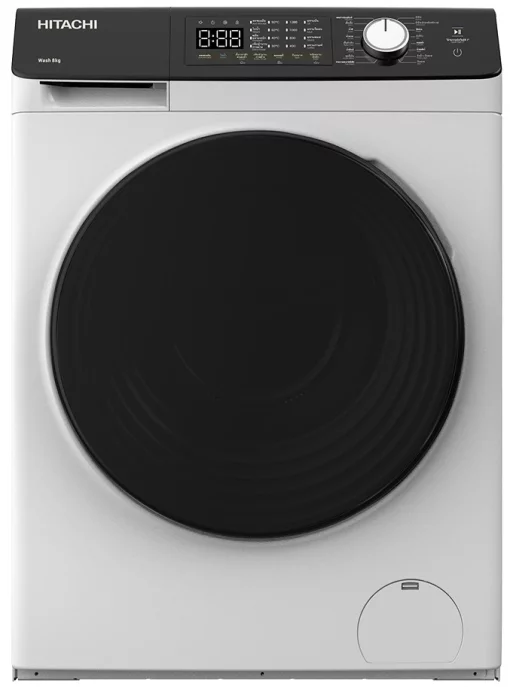Пральна машина Hitachi фронтальна, 8кг, 1400, A+++, 60см, дисплей, пара, інвертор, люк чорний, білий