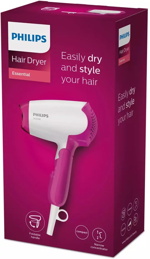 Фен Philips DryCare Essential дорожній, 1400Вт, 2 режими, хол. обдув, рожевий